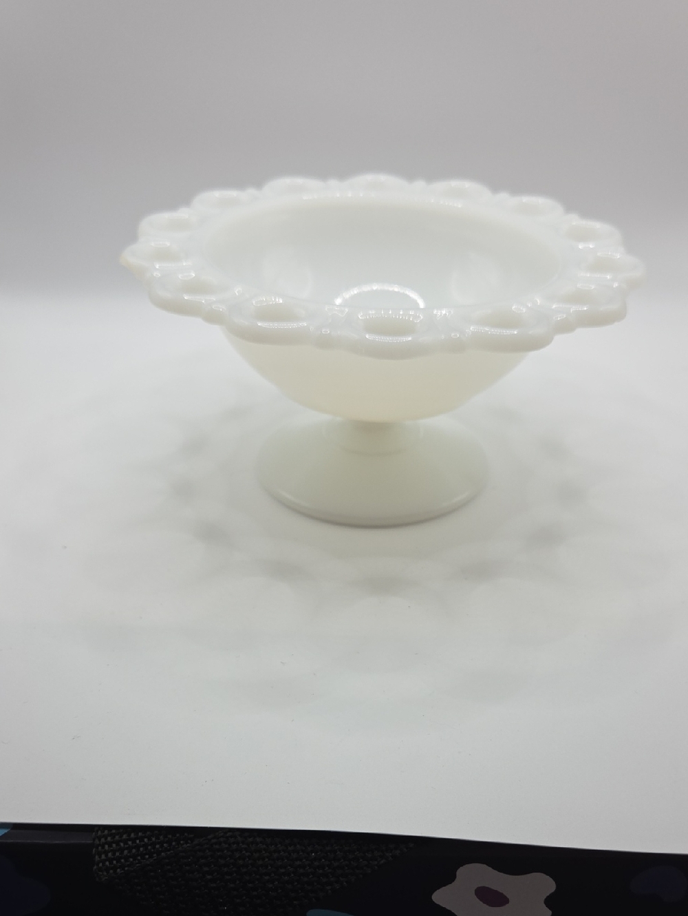 Anchor Hocking Milk Glass Pedistal Compote With Lace Edge. Vintage